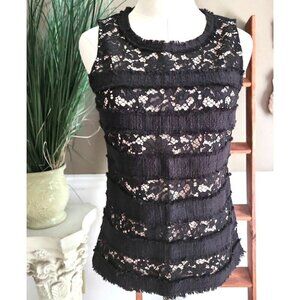 J Crew Sz S Black Beige Lace Tweed Fringed Tank Top Blouse Womens